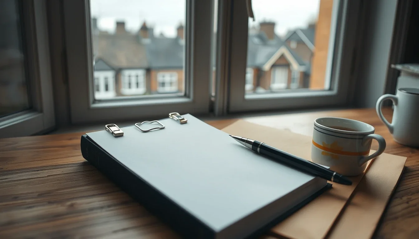 A closed dark hardback with clips on its cover, a black pen, a manila folder and two mugs of tea on a wooden desk by a window over brick terraced houses, the papers for a Form 8833 treaty disclosure