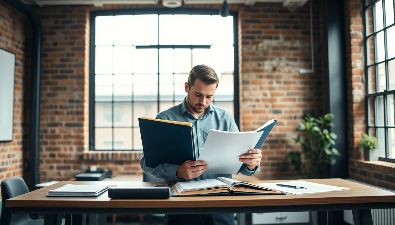 A man stands at a desk in a brick-walled office with tall industrial windows, reading a sheet of company accounts beside an open ring binder and a pen, reviewing a UK business's records
