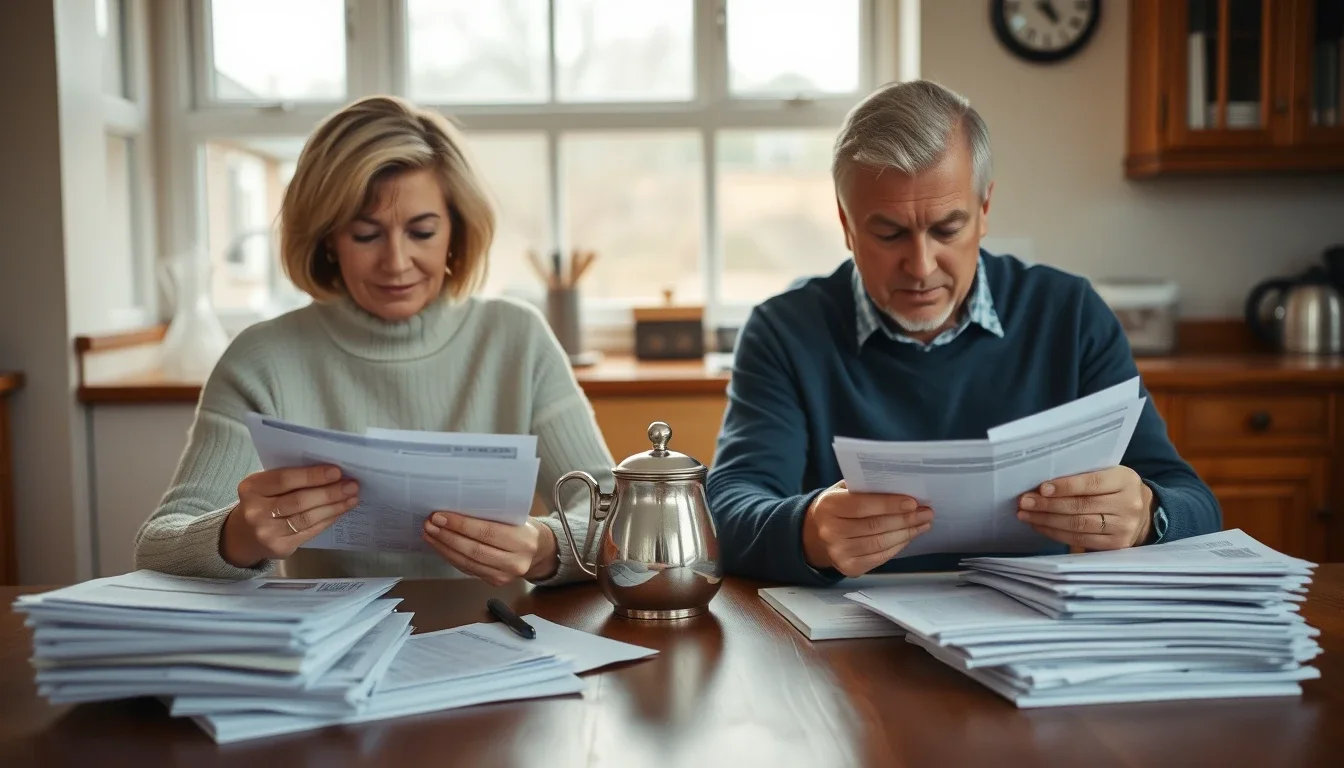 A married couple sit side by side at a kitchen table in an English home, each reading their own bank statements beside two separate piles of papers with a silver teapot between them
