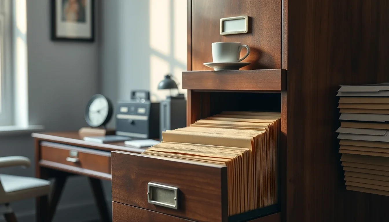 A wooden filing cabinet with its lower drawer pulled open to show rows of manila folders, a cup and saucer on the shelf above and a desk clock in the soft-lit study behind, standing for old returns that stay open