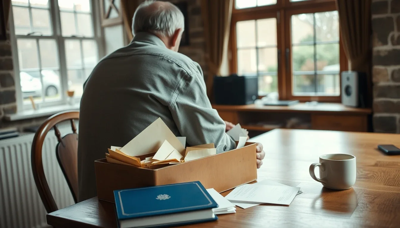 A grey-haired man seen from behind at a farmhouse kitchen table sorting a cardboard box of old envelopes and papers, a blue document folder and a mug of tea in front of him, a former US citizen in Yorkshire gathering the records for years he never filed
