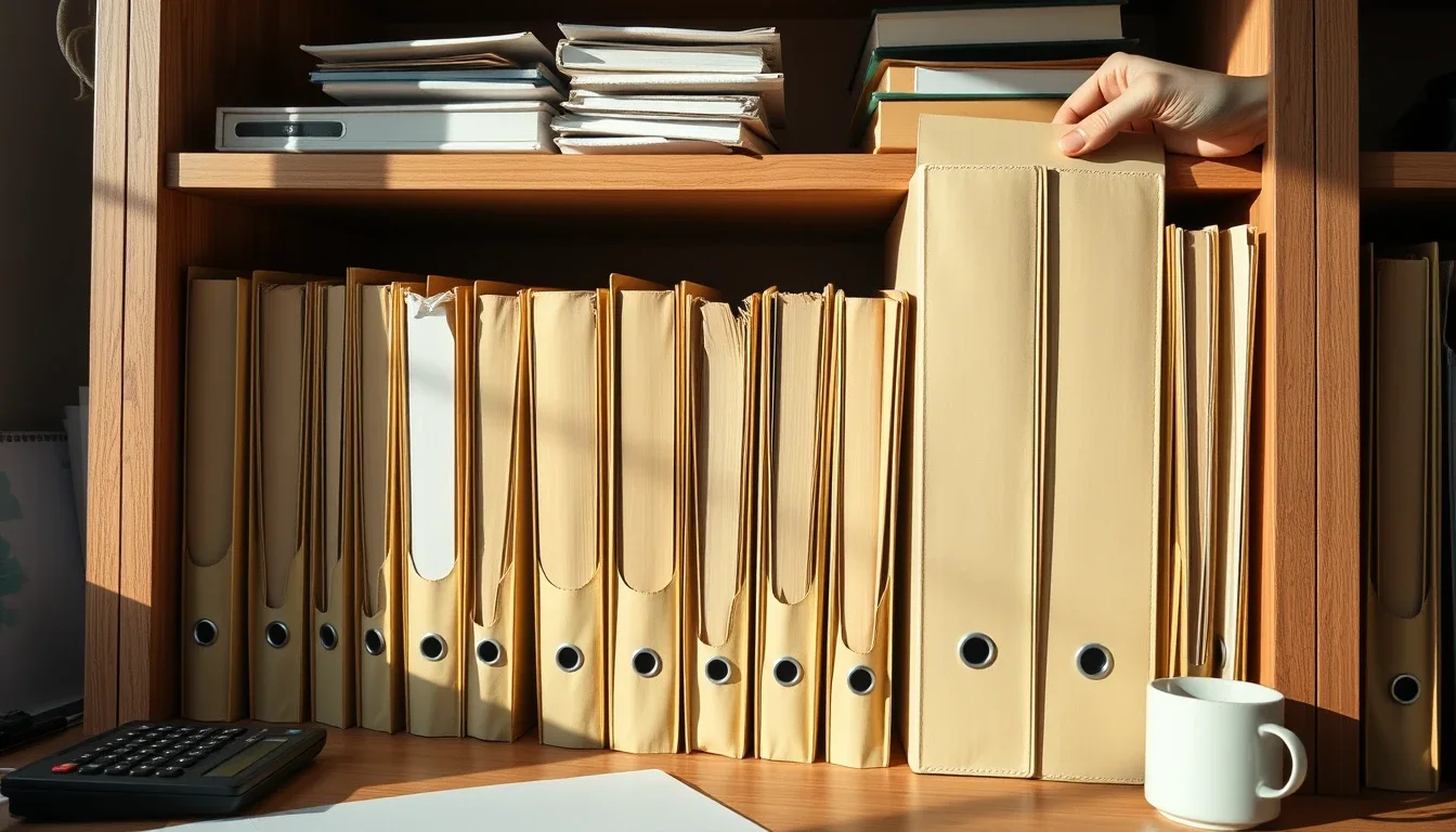 A hand pulling a cream lever-arch file from a long row of matching binders on a sunlit wooden shelf, a calculator and a white mug on the desk below, the years of US returns a US citizen in the UK keeps to track unused foreign tax credits