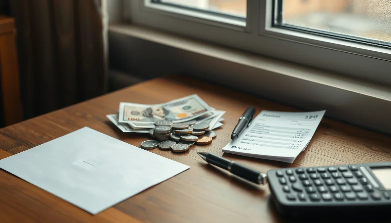 Dollar notes and a stack of coins on a wooden desk by a window, beside a pen, an envelope, a printed statement and a calculator, the papers behind converting UK tax into dollars