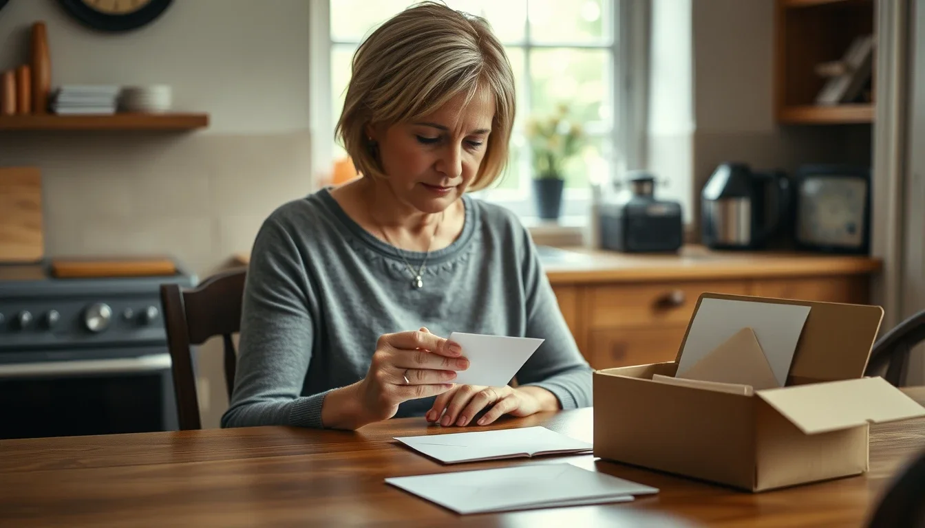 A woman at a wooden kitchen table in an English home looking at a small card she has taken from a cardboard box of old envelopes, a former green card holder working out whether her lapsed card still makes her a US taxpayer