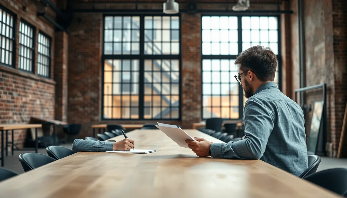 A founder in glasses seated at a long table in a brick-walled converted warehouse office in London reading a paper document while a colleague signs papers across the table, the moment growth shares are issued
