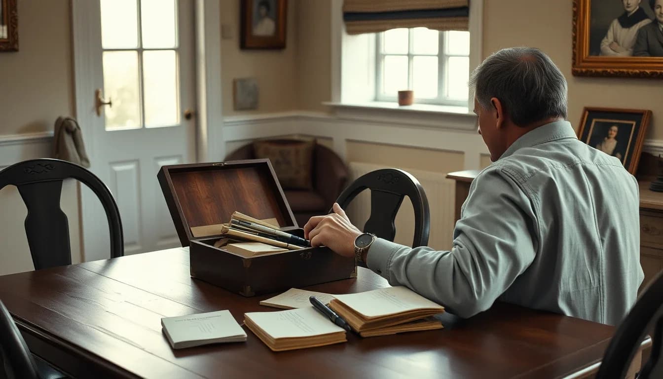 A man in a grey shirt at the dining table of his late parents' English cottage, sorting old bank passbooks and papers from an open wooden box, family portraits on the walls behind, a US person working through an inheritance from parents in Britain
