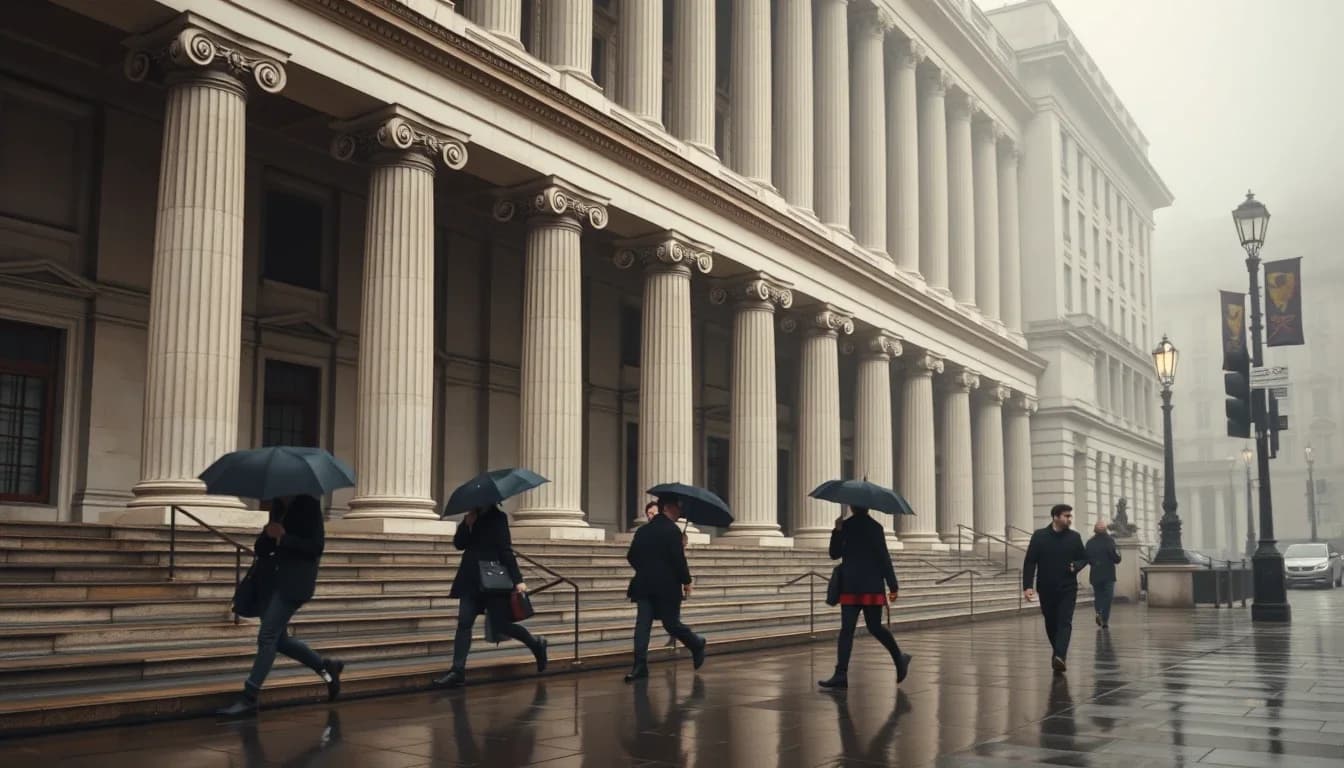 The tall fluted columns and wide stone steps of a classical building in the City of London on a misty, rain-wet morning, commuters with umbrellas walking past, the London market where investment trusts that a US citizen may hold as PFICs are listed