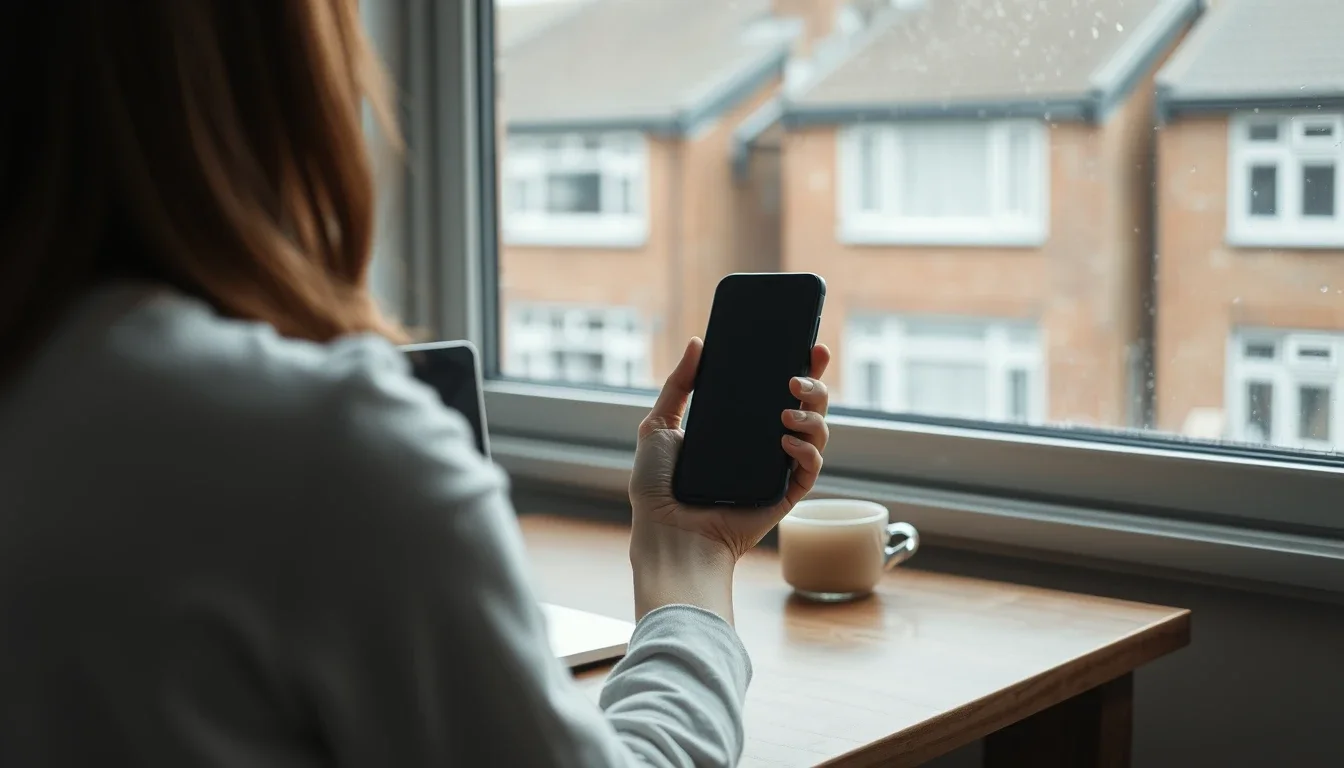 A woman seen from behind at a window desk in a British home holding a blank smartphone, with a laptop and a mug of tea beside her and rain-spotted brick terraced houses outside, an American in the UK setting up identity checks for an IRS online account