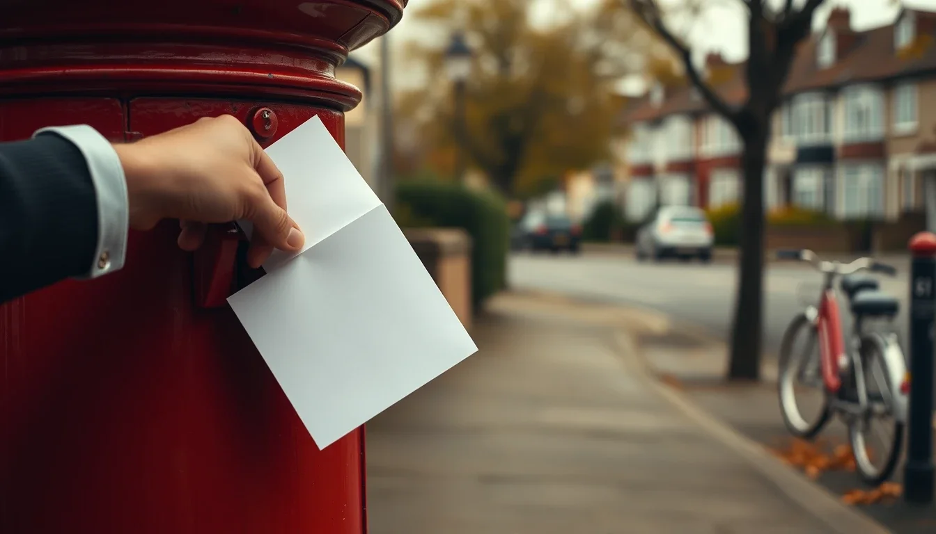 A hand in a suit cuff posting a plain white envelope into a red pillar box on a quiet English residential street in autumn, a bicycle and terraced houses blurred behind, an American in Britain still relying on the post for a US tax refund
