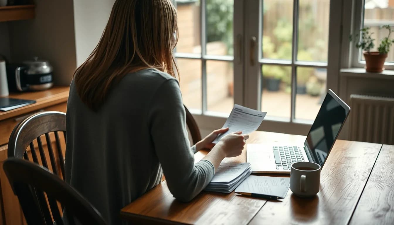 A woman seen from behind at a wooden kitchen table in an English home, reading a printed savings statement beside a stack of ISA paperwork, a laptop and a mug of tea