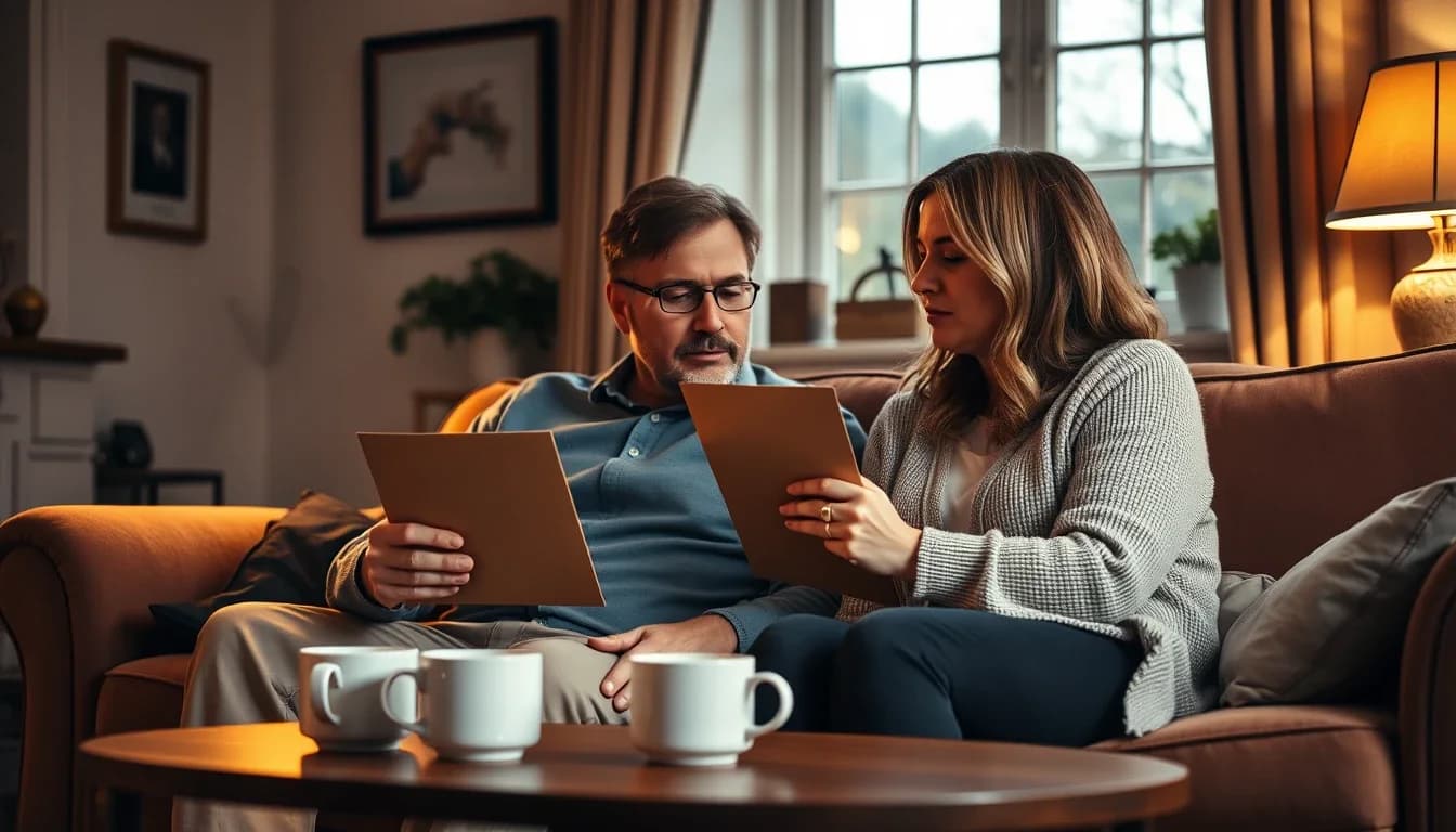 A couple on a sofa in a lamplit English living room, each holding a plain brown envelope, three white mugs on the low table in front of them, an American and a British spouse sorting out the paperwork for a US taxpayer identification number