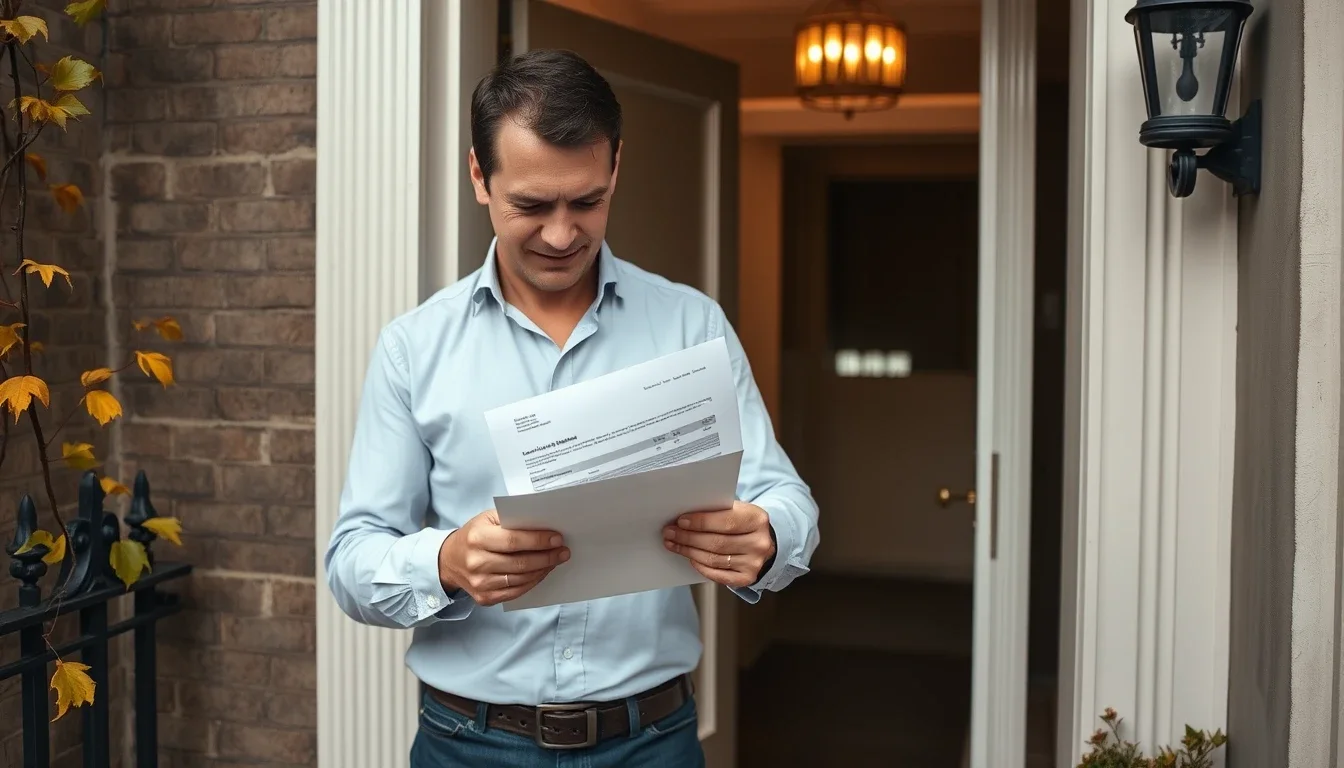 A man in a pale blue shirt reading a multi-page document he has just taken from an envelope at the front door of a London townhouse, autumn leaves on the railings beside him, a US citizen in Britain receiving a late Schedule K-1 from a fund