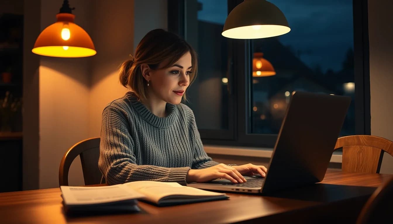 A person at a laptop late in the evening filing overdue FBAR reports for UK bank accounts