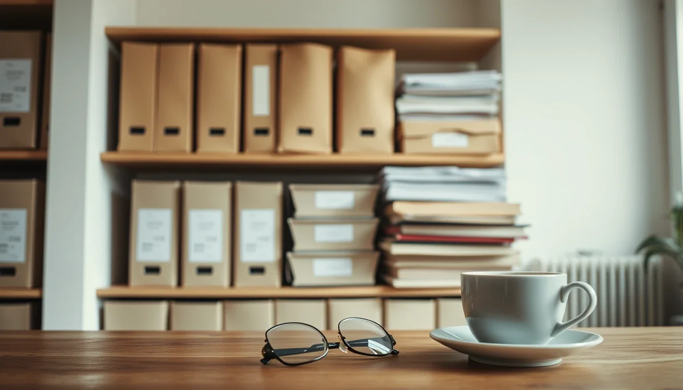 Archive boxes and folders on a shelf above a wooden table with reading glasses and a cup of tea, standing for old unfiled US returns being caught up