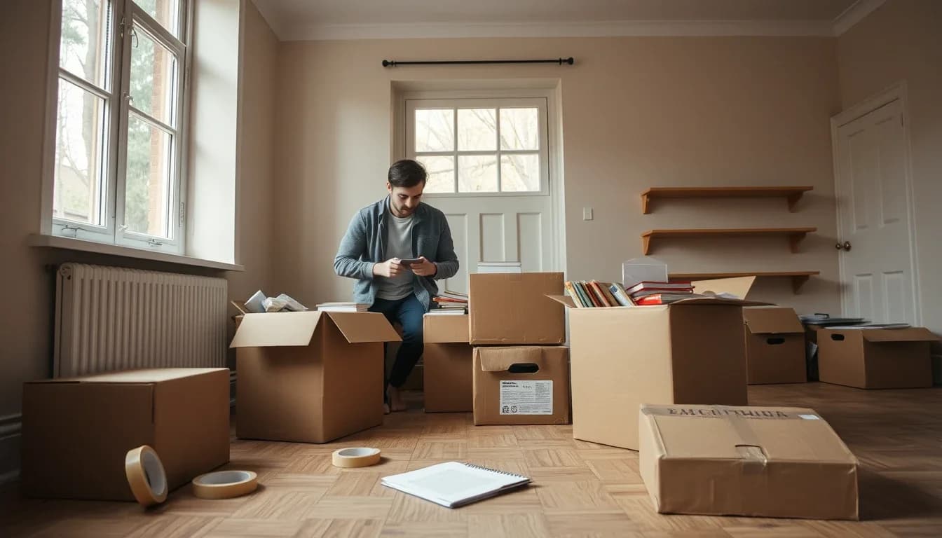 A man crouched among half-packed cardboard boxes in an emptying London flat with bare shelves, a radiator under the sash window and a notebook and rolls of tape on the parquet floor, an American packing up to leave Britain with a final UK and US return still to file