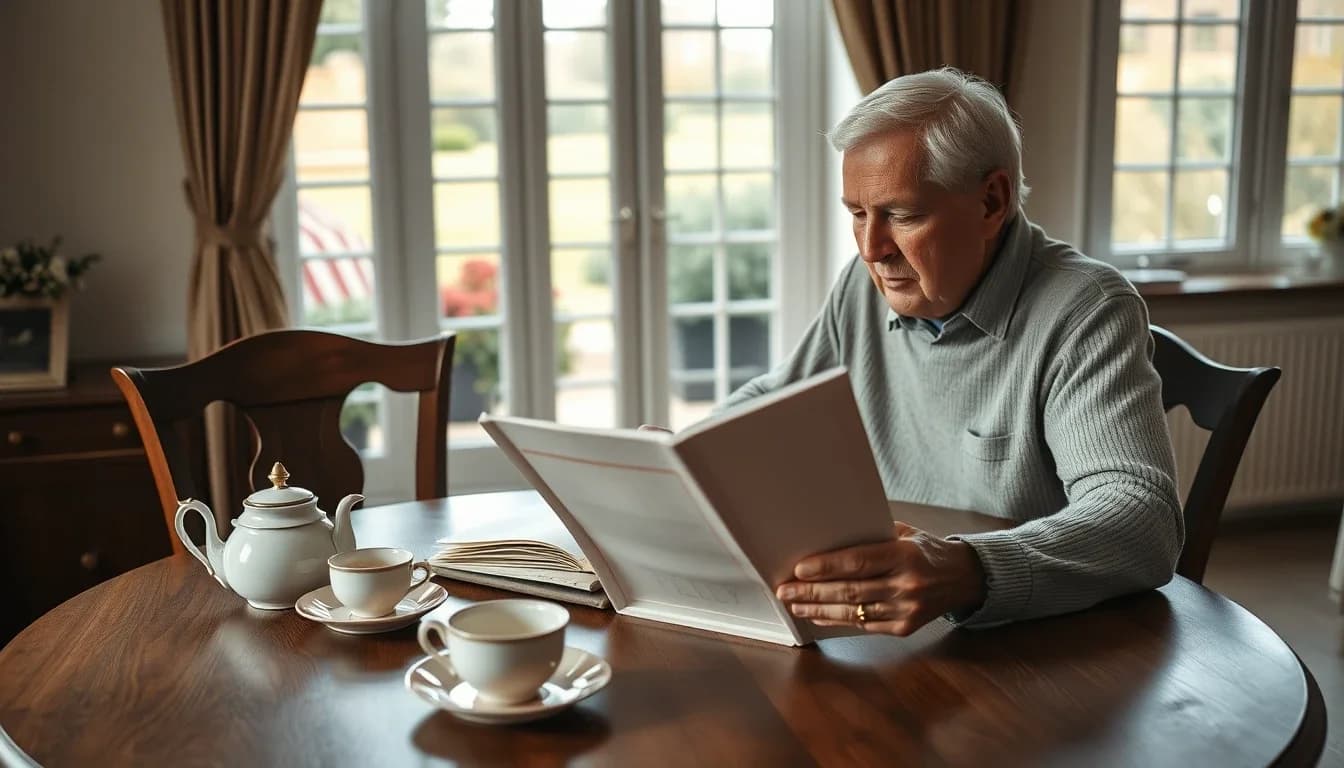 A grey-haired man in a jumper reading a bound policy document at a round dining table set with a teapot and china cups, French windows onto a garden behind him, a US person in England checking whether a UK investment bond has a cash value to report on the FBAR