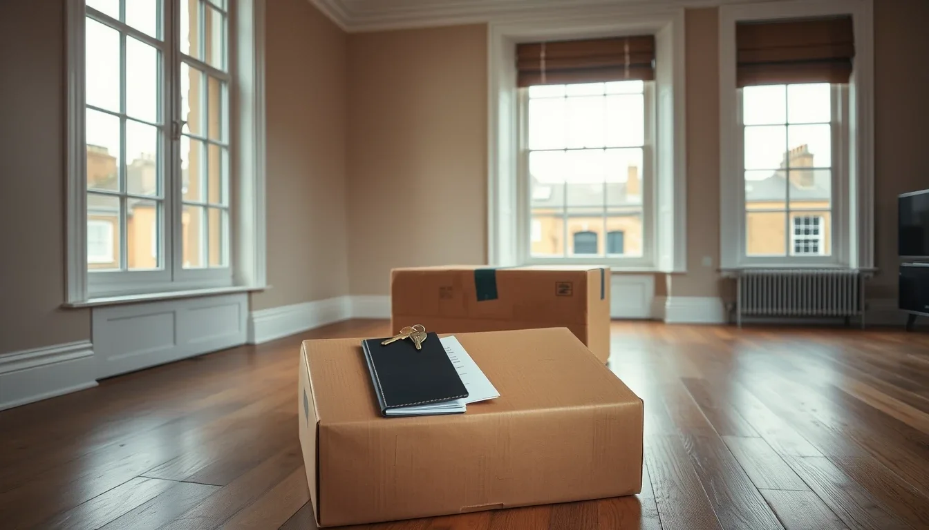 Packed cardboard moving boxes on the wooden floor of an empty London flat, with a dark folder, papers and keys on top and terraced rooftops through the sash windows, the last morning before a founder relocates to the US