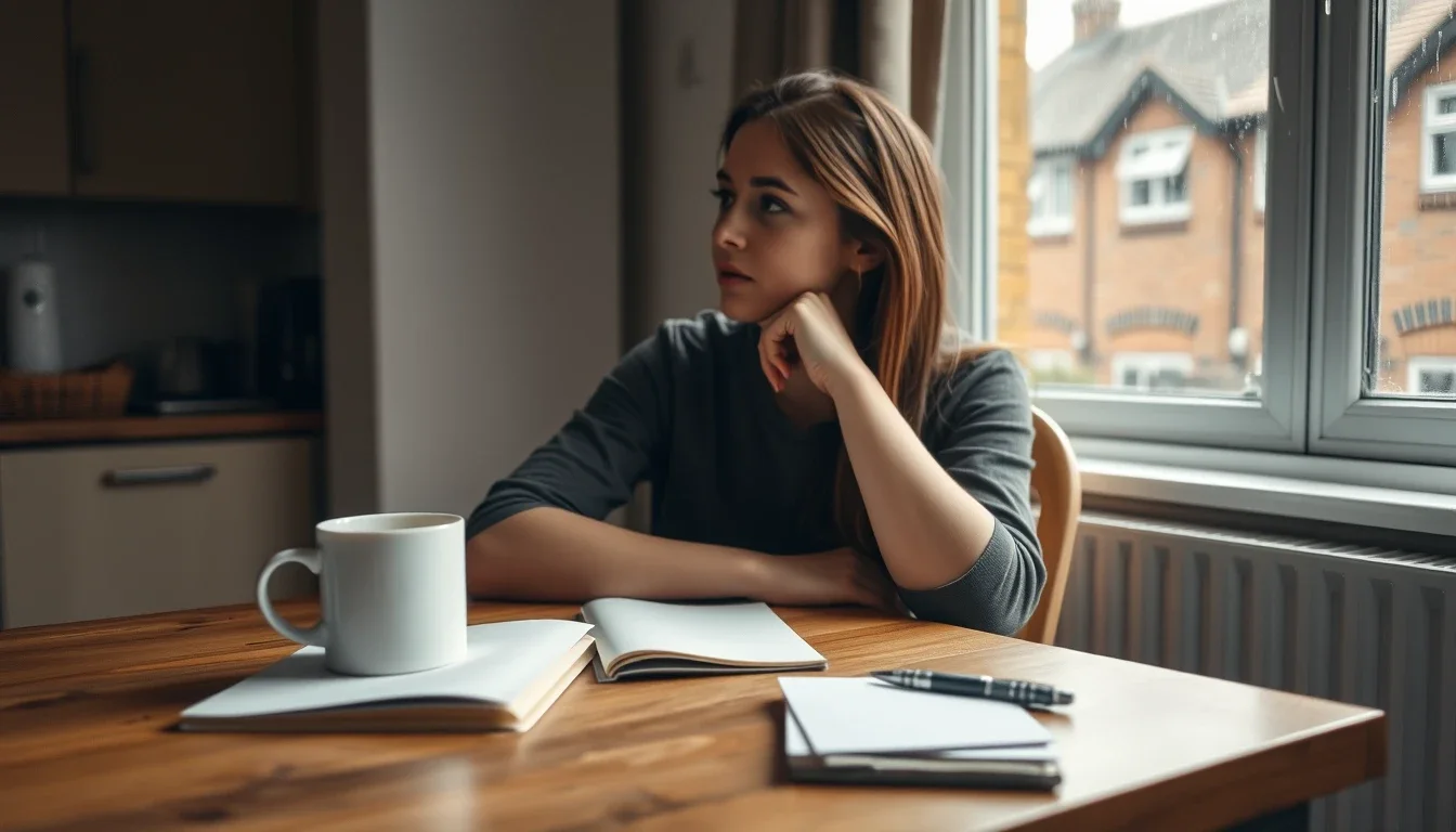 A young woman sits at a wooden kitchen table by a rainy window overlooking brick terraced houses, chin in hand, with a mug, open notebooks and a pen in front of her, weighing whether a small UK income still means a US tax return