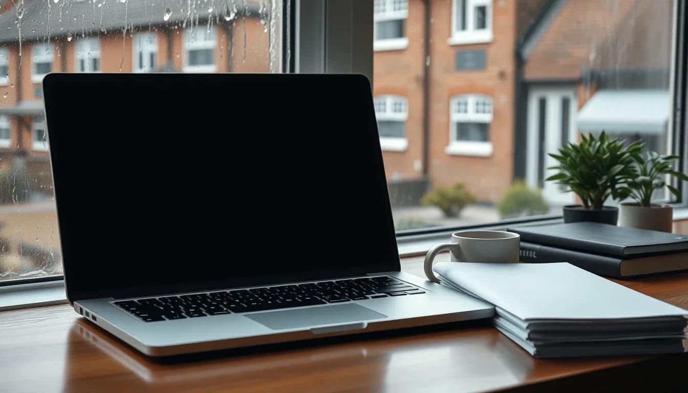 A closed laptop and a stack of papers on a desk beside a rain-streaked window overlooking brick terraced houses, the setting of a UK freelancer who must keep digital quarterly records