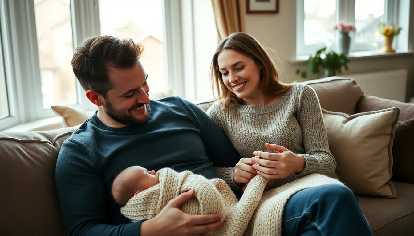 A smiling father cradling a sleeping newborn wrapped in a cream knitted blanket on a sofa beside the baby's mother in a bright English living room, an American family in Britain during the months of statutory maternity or parental pay
