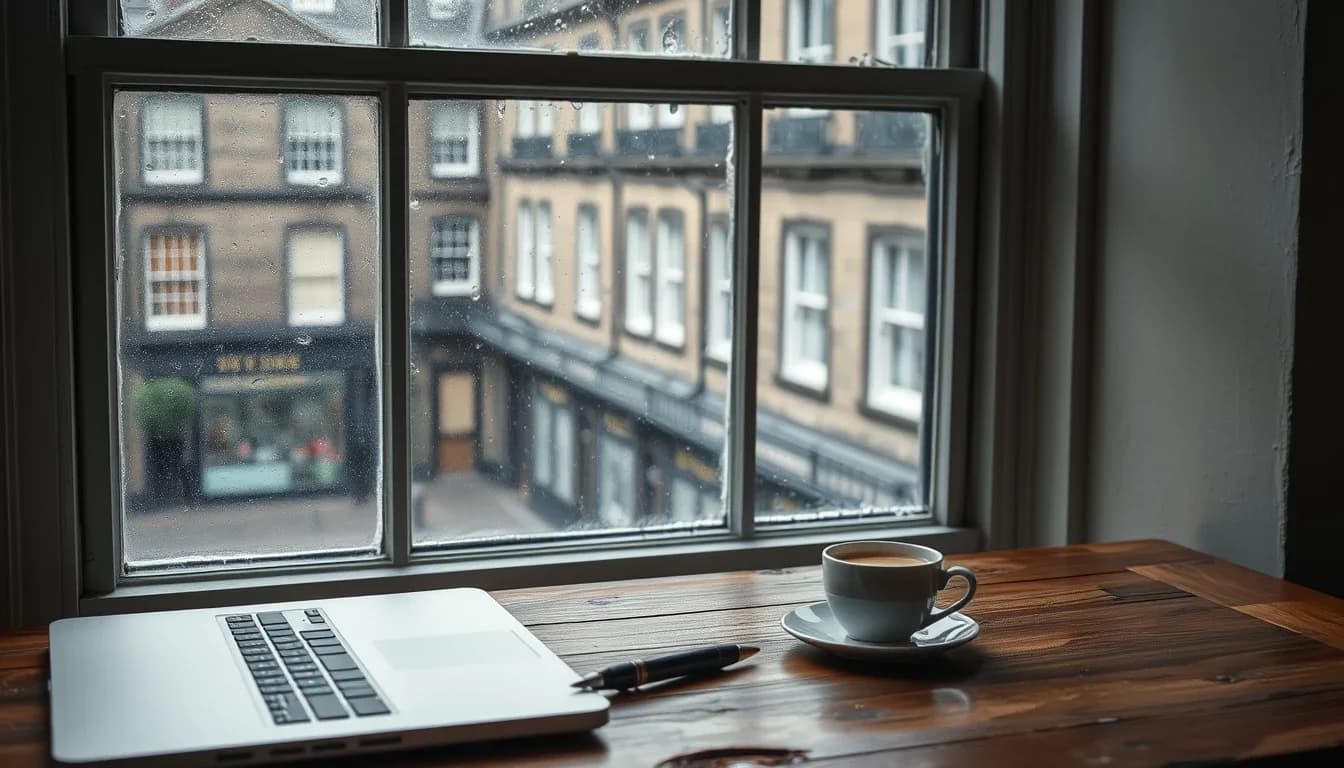 A laptop, a fountain pen and a cup of coffee on an oak table by a rain-flecked sash window looking onto a stone terrace in Edinburgh, the home of an American in the UK whose investment income can attract the net investment income tax