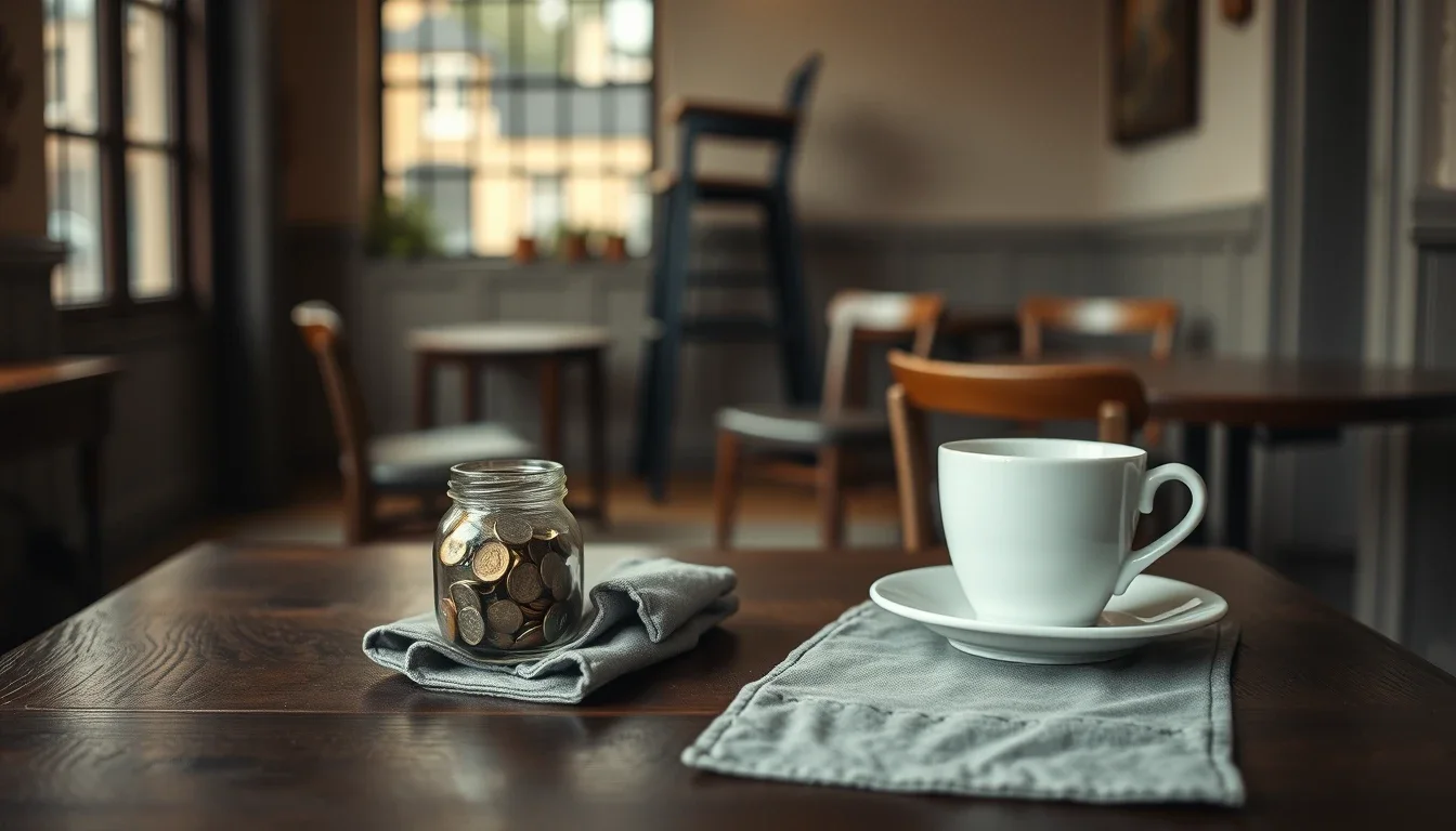 A glass jar of coins and a folded grey apron on a dark wooden table beside a plain white coffee cup in an empty British café after closing time