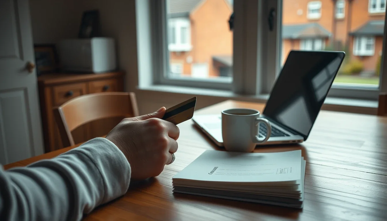 A hand holding a bank card at a wooden kitchen table beside a laptop, a mug of tea and a stack of papers, with red-brick British houses visible through the window.