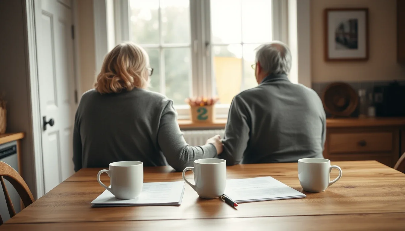 A couple seen from behind at a wooden kitchen table in a British home, with papers, a pen and mugs of tea in front of them, as they plan how their pensions pass on death
