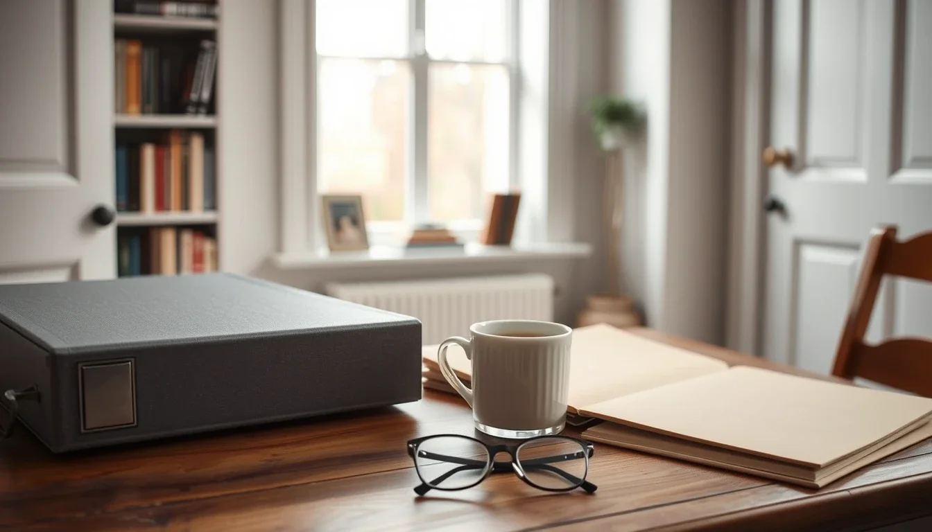 A closed grey ring binder, a cream folder, a cup of tea and reading glasses on a wooden desk in a quiet English home study, with a bookshelf and sash window behind.