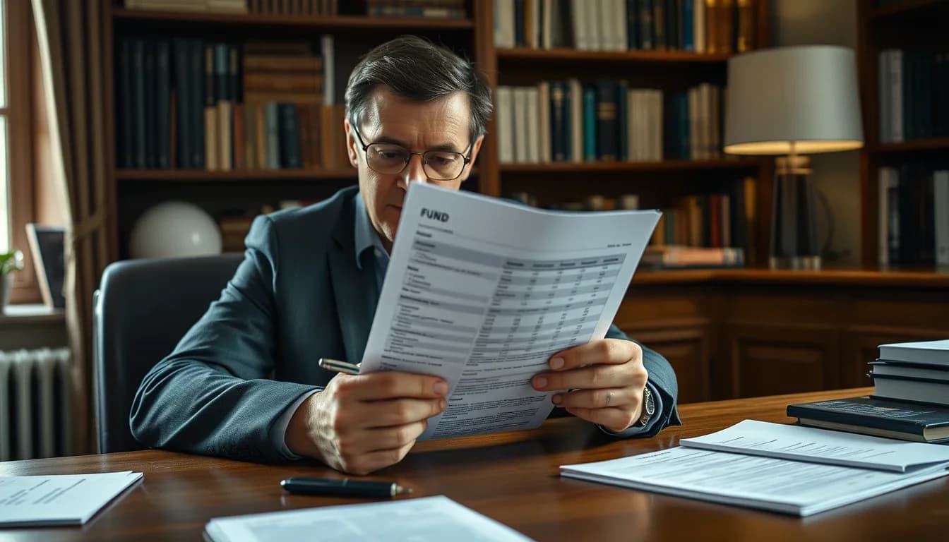 An investor in a book-lined study reading a fund fact sheet with a pen in hand while deciding how a UK fund should be treated for US tax
