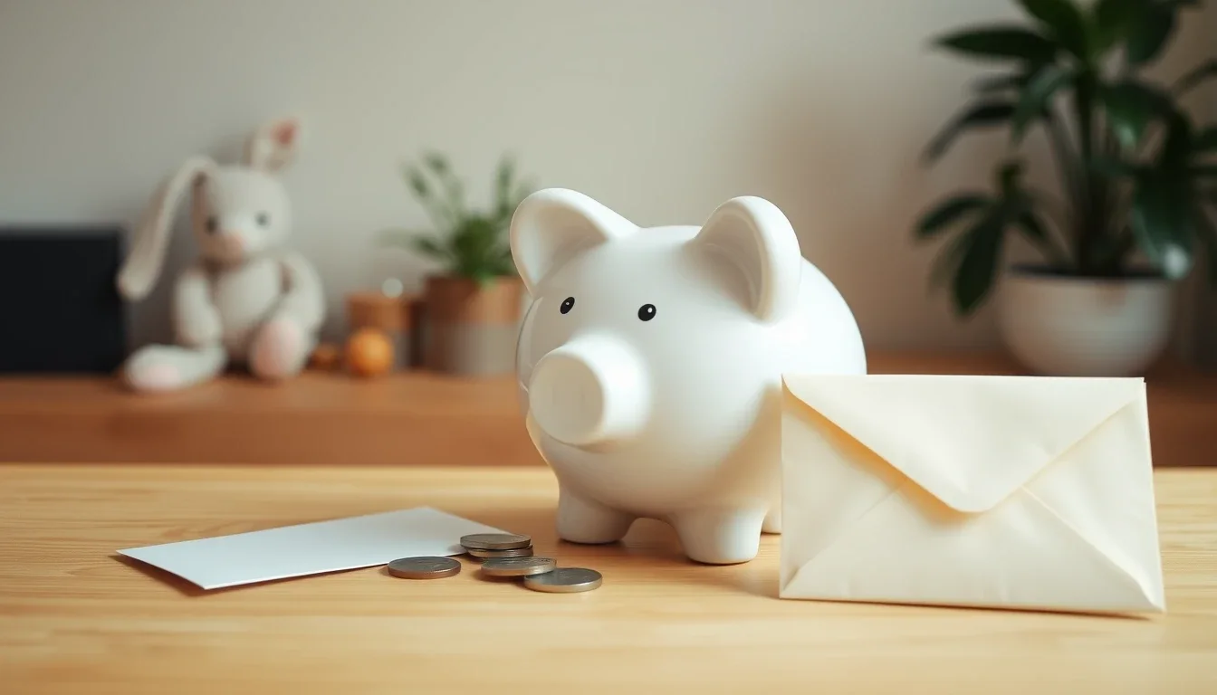 A child's white piggy bank with coins and envelopes on a sideboard, with a toy rabbit behind, standing for the Premium Bonds and Junior ISA of a US child in the UK