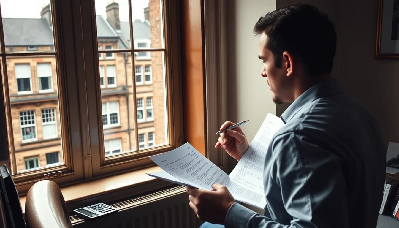 A man by a sash window overlooking sandstone tenements, reading investment statements with a pen in hand to work out the tax on his US dividends