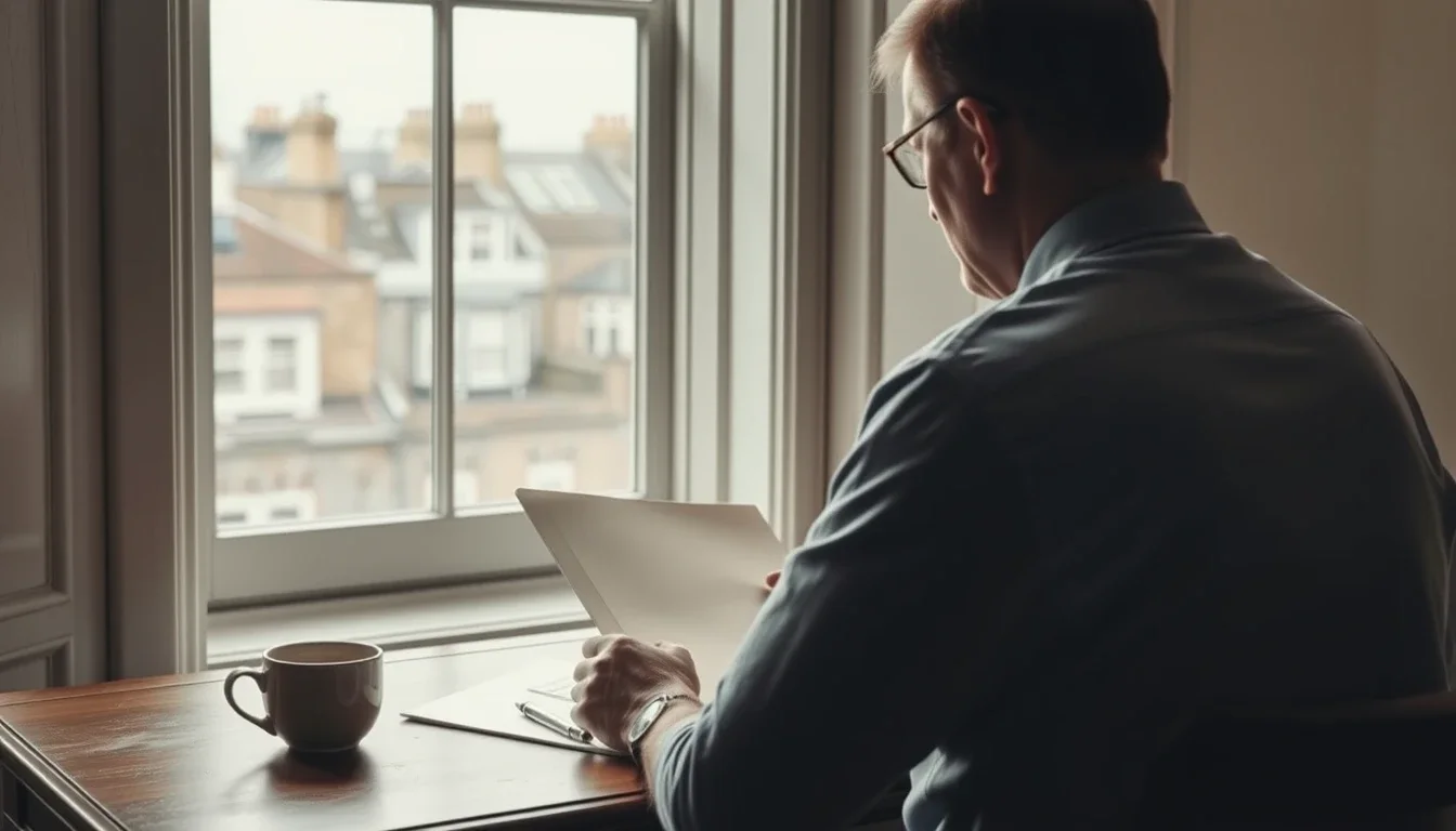 A man in glasses seen from behind at a wooden desk by a tall sash window, reading a blank sheet of paper beside a cup of tea and a pen, with London terraced rooftops and chimneys outside, an American in Britain weighing whether he has already given up US citizenship