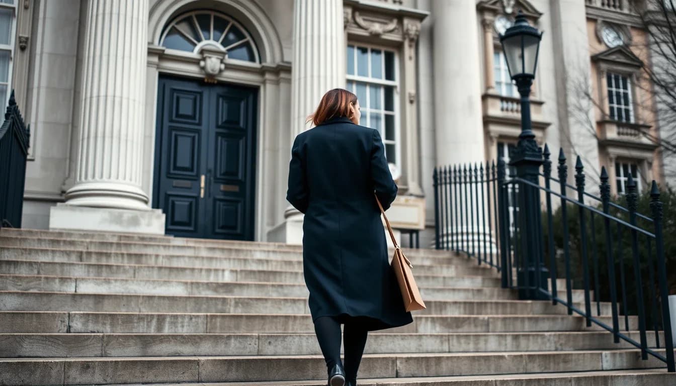 A woman in a dark coat with a tan shoulder bag climbing the wide stone steps of a columned government building in London on a grey morning, seen from behind, a US citizen on her way to a renunciation appointment