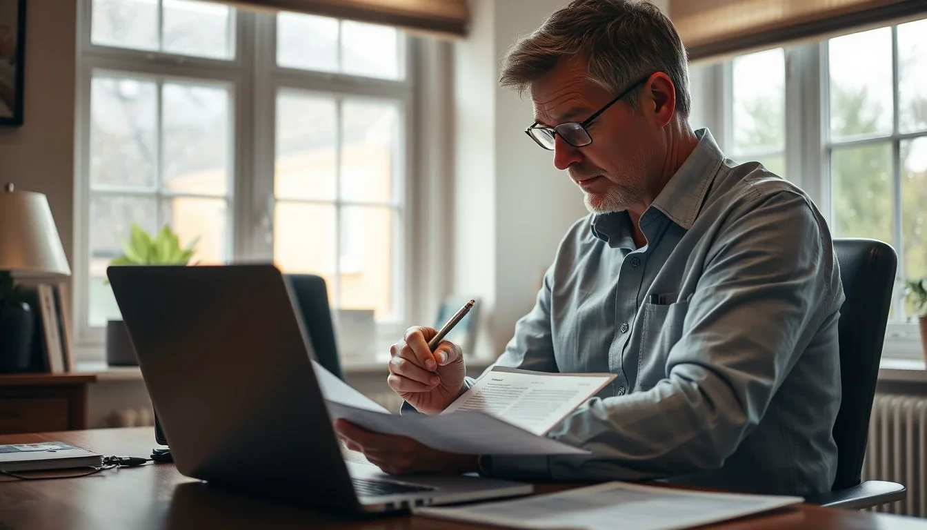 A US expat in the UK reviewing a past tax return at a desk before revoking the foreign earned income exclusion