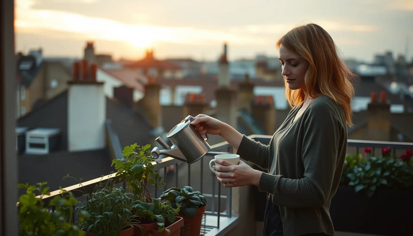 A woman with a mug in one hand watering potted herbs from a metal can on a small balcony above London rooftops and chimney pots at sunset, an American in the UK thinking about whether she can still add to her Roth IRA