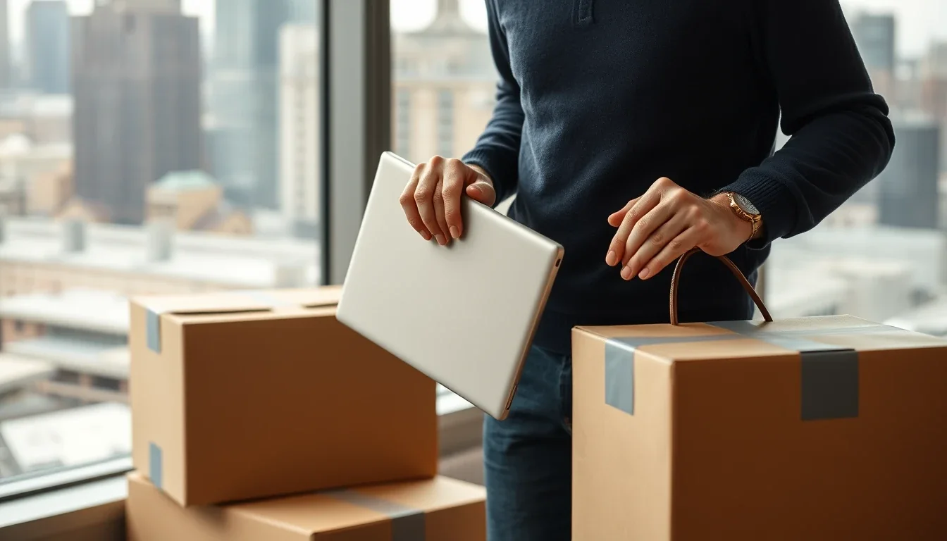 An executive packing a laptop into a bag in an office with moving boxes, relocating between the US and the UK while RSUs vest