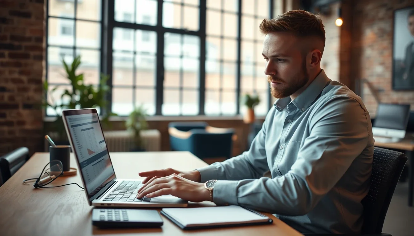 A US founder of a UK company reviewing payroll and dividend figures on a laptop in a London office
