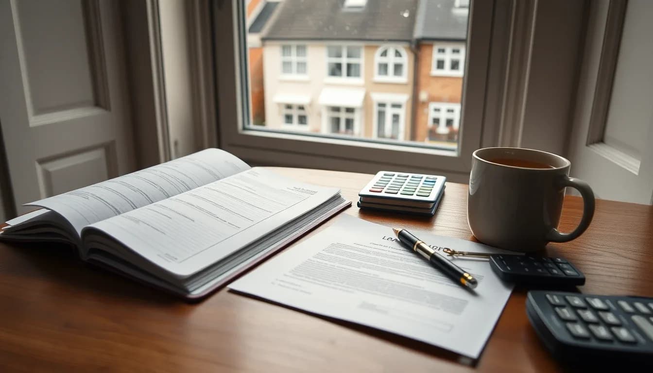 A home office desk by a rain-streaked sash window overlooking terraced houses, with an open ledger, a loan agreement and pen, calculators and a mug of tea, illustrating a founder borrowing from their own UK company
