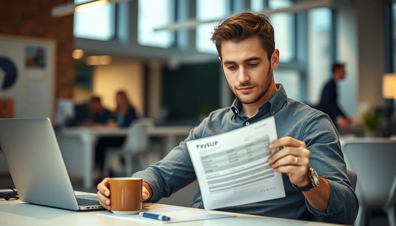 An American employee in a UK office looking at a payslip while deciding whether to register for Self Assessment