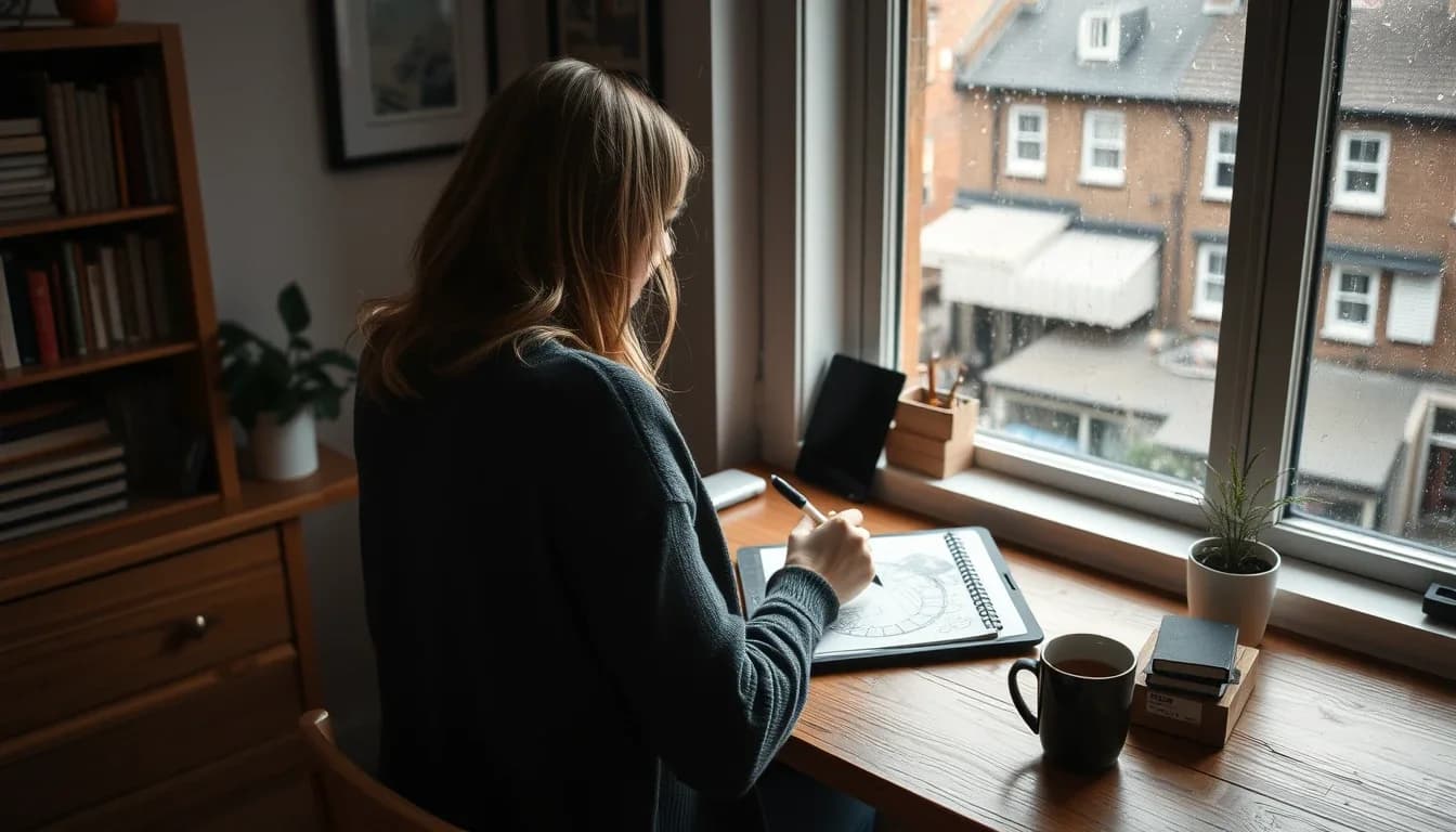 A freelance designer seen from behind sketching on a drawing tablet at a desk by a rain-streaked window overlooking brick terraced houses, a self-employed US citizen in the UK whose social security goes to the British system