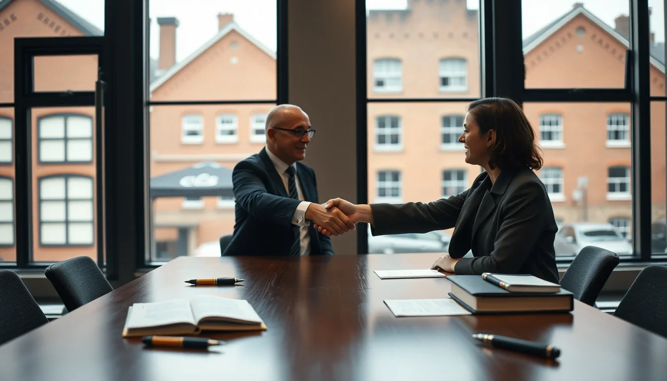 A man and a woman in suits shaking hands across a dark boardroom table with bound agreements and fountain pens, red-brick mill buildings visible through the tall windows of a Manchester office, the completion of a UK company sale by a US citizen founder