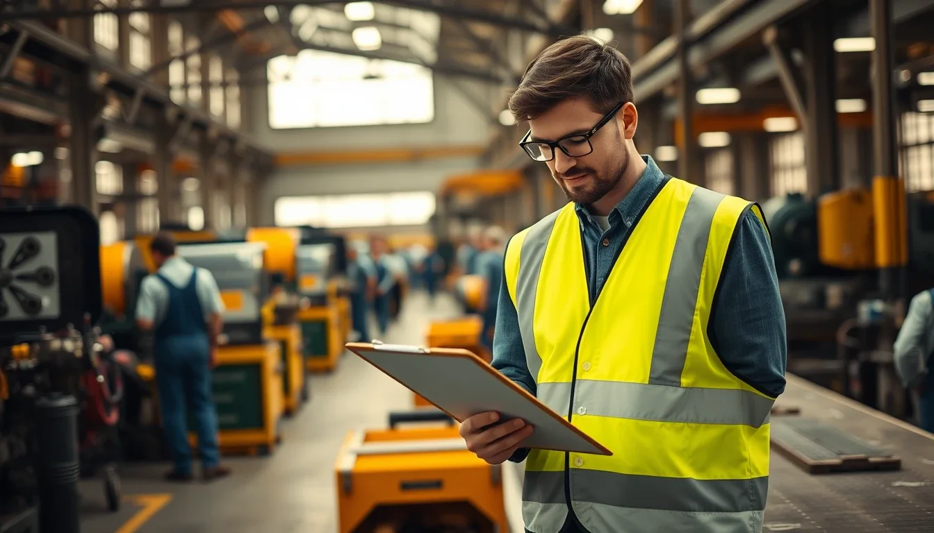 A bearded engineer in glasses and a yellow hi-vis vest reading a clipboard on the floor of a British engineering works, machinery and colleagues in overalls blurred behind him, the kind of employee offered Sharesave or SIP shares who may also be a US citizen