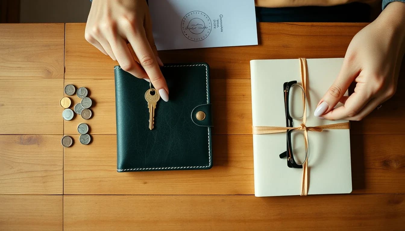 Overhead view of a pine table with a row of coins, a dark green leather wallet with a brass key on it and a cream folder tied with ribbon under a pair of glasses, a woman's hands arranging them, a US person in the UK sorting which holdings count as specified foreign financial assets