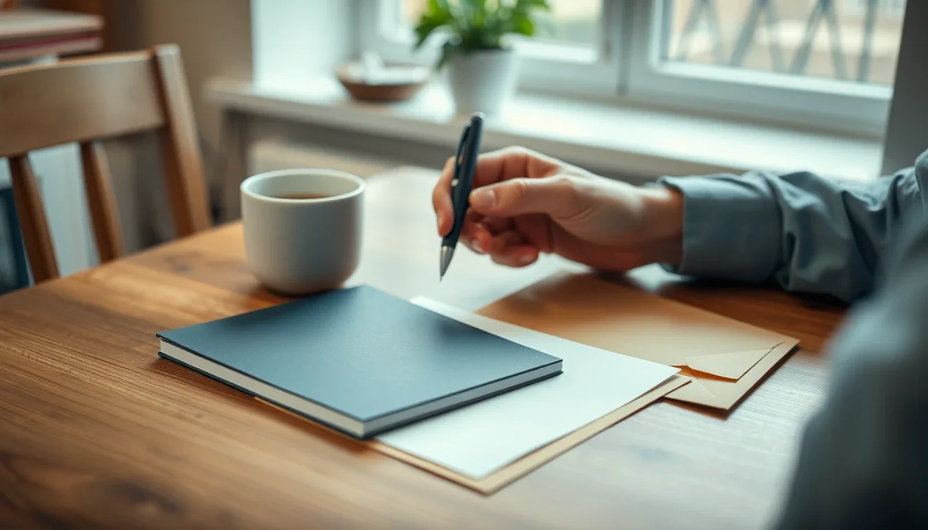 A hand holding a pen over a blank form on a kitchen table, with a dark blue booklet, a brown envelope and a mug of tea, preparing a first Social Security number application from the UK