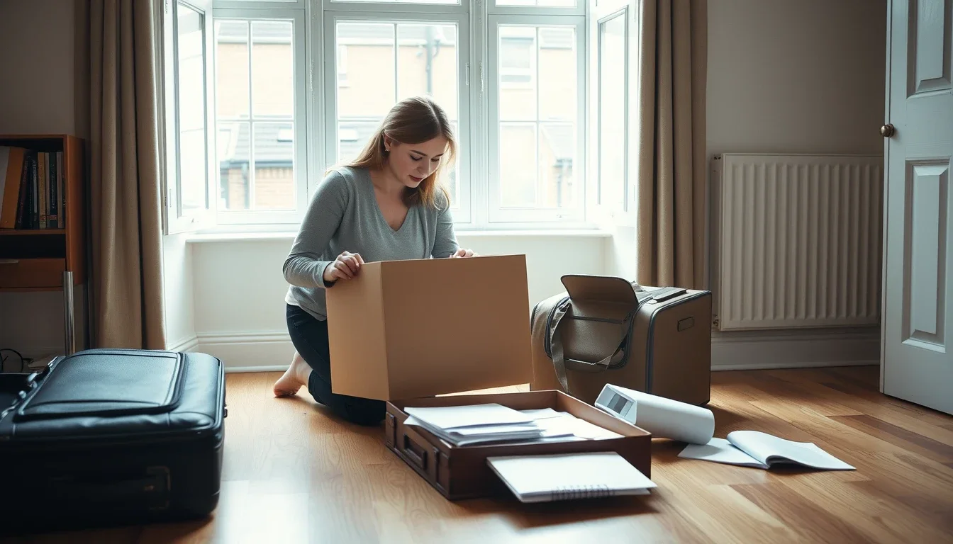A woman kneeling on the floor of a British flat unpacking a moving box beside two suitcases and a tray of papers, newly arrived from the United States with her old state's tax still to settle