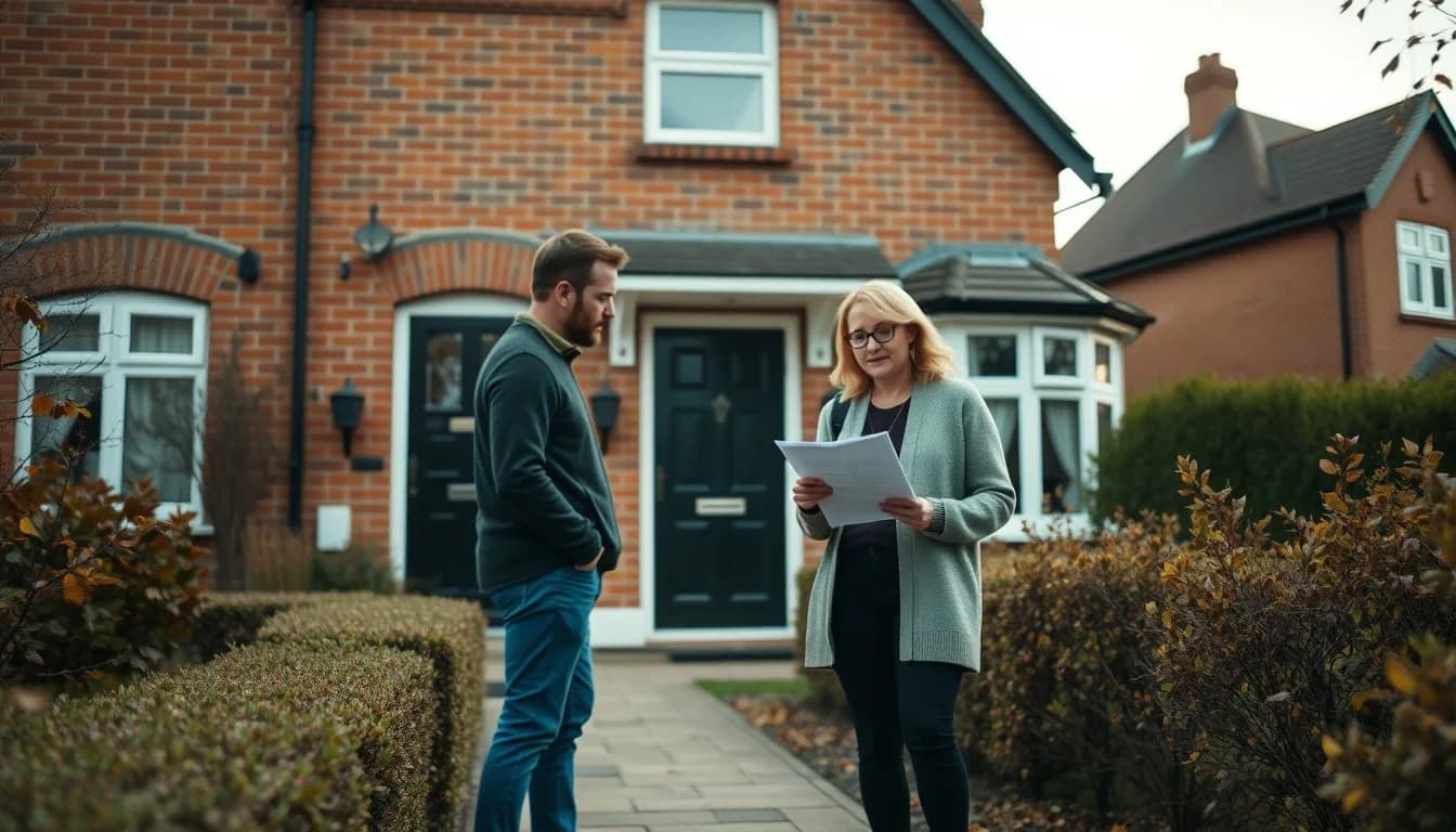 A man and a woman standing on the front path of a red-brick English house with a black front door, the woman reading printed mortgage papers among autumn hedges, a US citizen's family home financed with a sterling mortgage