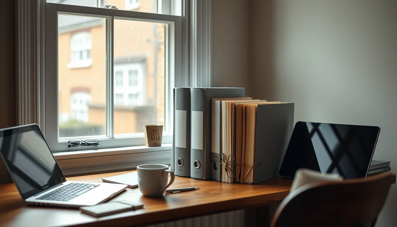 Grey lever-arch files and old folders tied with string standing between two laptops and a mug on a desk by a rainy sash window, the back-year company records a US owner gathers for Form 5471
