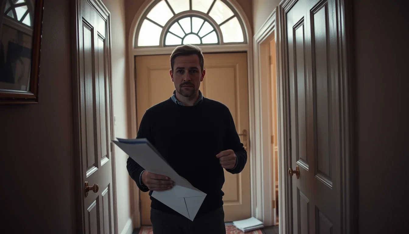 A man in a dark jumper standing in the dim hallway of an Edinburgh flat under an arched fanlight, holding an opened envelope and letter with a worried look, a US citizen in Scotland who has just received post from the IRS