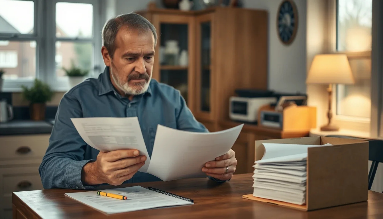 A grey-bearded man at a kitchen table in a British home compares two printed papers held in his hands, a box file of returns and a pencil beside him, checking old filed returns for missing UK income